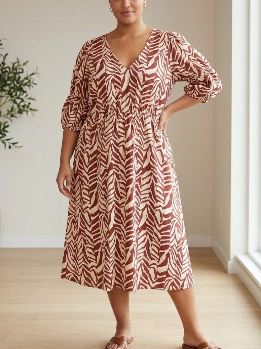 Eloquii Elements LInen Blend Animal Print Midi Dress Size 26 Boho Chic Capsule